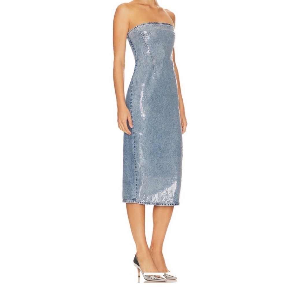 GRLFRND Sequin Strapless Denim Midi Dress Light Wash Blue GF4576-S24 Size Medium - Picture 3 of 8